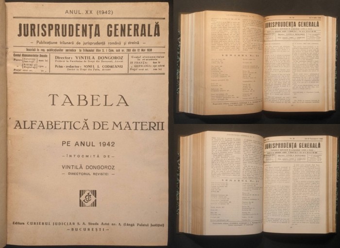 rar 1942 colegat JURISPRUDENTA GENERALA anul XX &ndash; director VINTILA DONGOROZ. Revista Juridica Drept. 1216 pag, 40 numere Ian.-Decembr. Stare utilizata