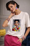 Tricou dama alb din bumbac cu imprimeu fata cu buchet multicolor