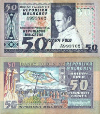 1974 , 50 francs | 10 ariary ( P-62a ) - Madagascar - stare XF foto