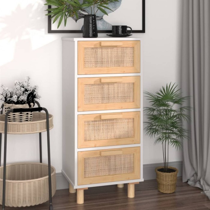 vidaXL Servantă, alb, 40x30x90 cm, lemn masiv pin și ratan natural