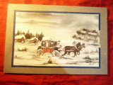 Acuarela - Peisaj de Iarna , Careta cu cai , semnat indescifrabil 28x18,5cm