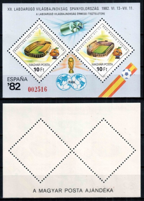 Ungaria 1982, Mi #3454-3546 = Bl 155 A I, sport, Campionatul Mondial de Fotbal Spania, colita speciala, MNH! 150 &euro;!