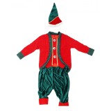 Costum craciun pentru copii 7 - 9 ani, tip spiridus, catifea, rosu-verde