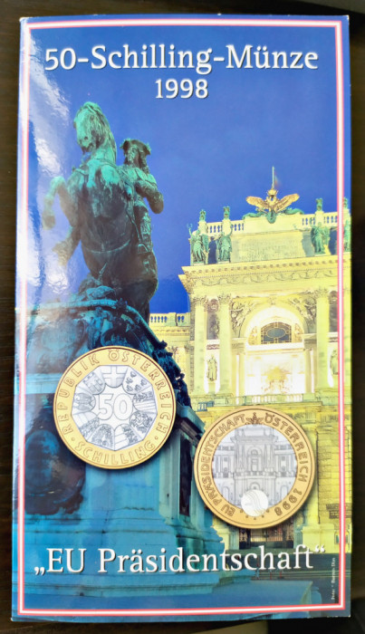 AUSTRIA 50 SCHILLING 1998 PRESEDENTIA UNIUNII EUROPENE BLISTER ORIGINAL BIMETAL