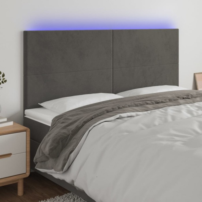 vidaXL Tăblie de pat cu LED, gri &icirc;nchis, 160x5x118/128 cm, catifea 3122199