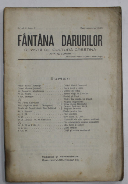 FANTANA DARURILOR , REVISTA DE CULTURA CRESTINA , no. 7 , 1930