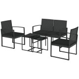 Outsunny Set Mobilier de Grădină din Ratan PP 5 Piese, Canapea cu Perne, Set Canapea pentru Exterior, Negru | Aosom Romania