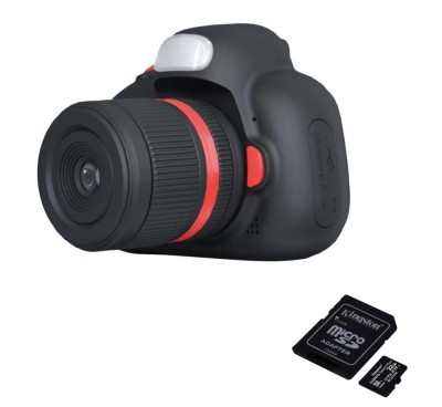 Pachet: Card memorie 32Gb + Camera foto digitala pentru copii, THD Pixels D6, aspect DSLR, rezolutie 18 megapixeli, neagra foto