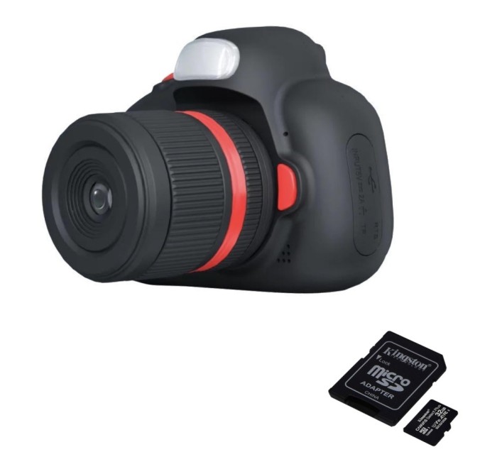 Pachet: Card memorie 32Gb + Camera foto digitala pentru copii, THD Pixels D6, aspect DSLR, rezolutie 18 megapixeli, neagra
