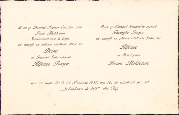 A2613N Invitație la nuntă sublocotenent Alfonzo Ivașcu, 1939, Cluj