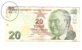 Bancnota Turcia 20 lire 2009 (2012), seria C, circulata, lipita cu scoci la un colt