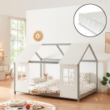 Pat casuta copii cu saltea design semideschis Tostedt 140x200 cm gri alb [en.casa] HausGarden Leisure