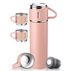 Set 3 piese, cu termos si 2 cani, capacitate 500ml, din metal si silicon, cu capac ermetic, BPA Free, roz