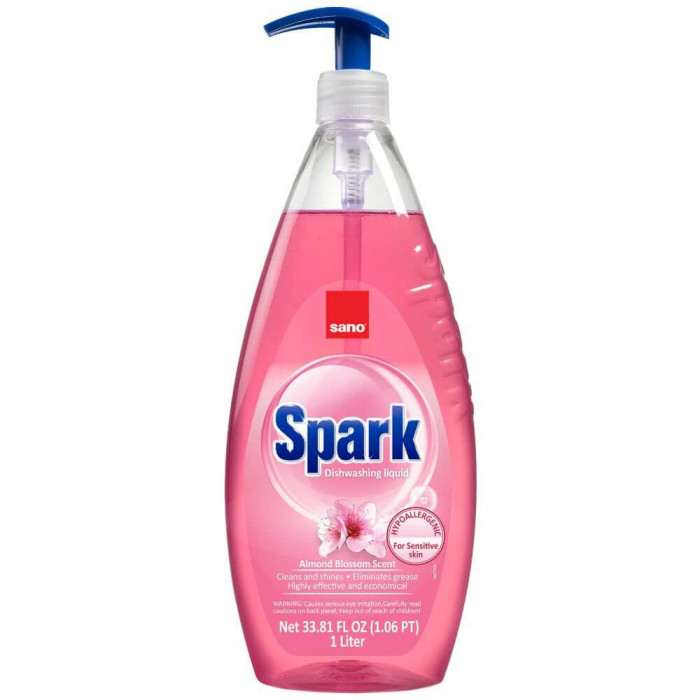 SANO Spark Detergent Lichid pentru Vase, 1 L, Parfum Flori de Migdale, pentru Piele Sensibila, Detergent Vase pentru Maini Sensibile, Detergent Vase c