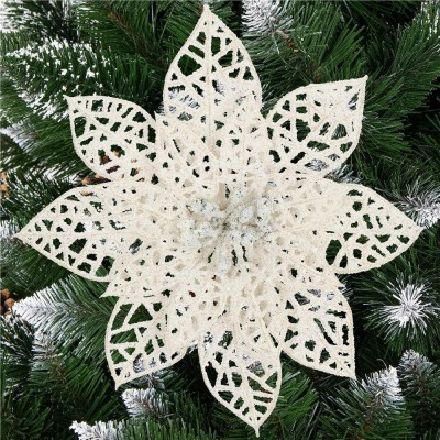 Set 10 ornamente pentru bradul de Craciun, stea Poinsettia, 14cm, alb cu sclipici foto