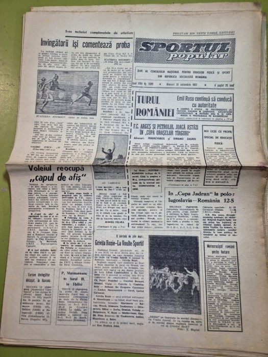 ziarul sportul popular 20 septembrie 1967 - fc arges si petrolul in cupa oraselor targuri la fotbal, ilie oana,emil ruscu ciclism turul romaniei