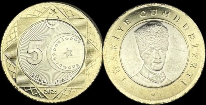 TURCIA 5 LIRA / LIRE 2025 , Bimetal , KM NEW , a UNC / UNC