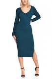 A646-12 Rochie midi din material reiat si crapatura, M