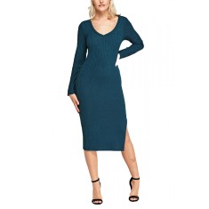 A646-12 Rochie midi din material reiat si crapatura