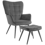 HOMCOM Fotoliu Tapițat pentru Interior cu Brațe și Taburet Integrat, Fotoliu pentru Sufragerie din Țesătură, 73x77.5x98 cm, Gri &Icirc;nchis | Aosom Romania