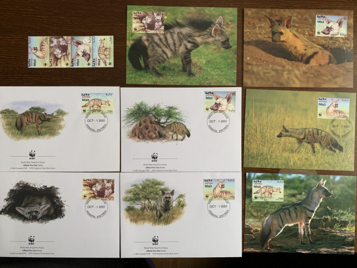 eritreea - serie 4 timbre MNH, 4 FDC, 4 maxime, fauna wwf