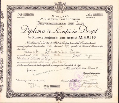 PM275N Diplomă licență Drept maior Ioan Stamatiu Pitești Regimentul Argeș nr 4 foto