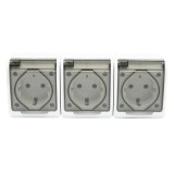Priza tripla aplicata 16A, 250V, IP44, cu contact de protectie si capac