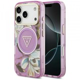Husa MagSafe pentru Apple iPhone 18 Pro / 17 Pro, Guess, IML Metal Glitter Flowers Triangle, Mov