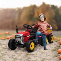 HOMCOM Tractor electric pentru copii cu remorcă detașabilă, baterie reîncărcabilă 12V cu telecomandă, muzică și lumini, pentru 3-6 ani, roșu