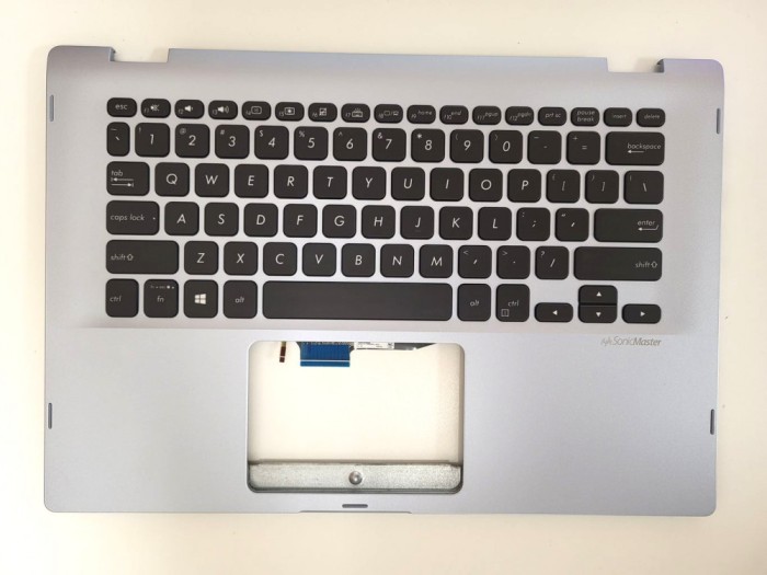 Carcasa superioara palmrest cu tastatura Laptop, Asus, VivoBook Flip 14 TP412F, TP412FA, TP412FAC, iluminata, argintie, layout US
