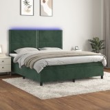 VidaXL Pat cu arcuri, saltea și LED, verde &icirc;nchis, 180x200 cm, catifea