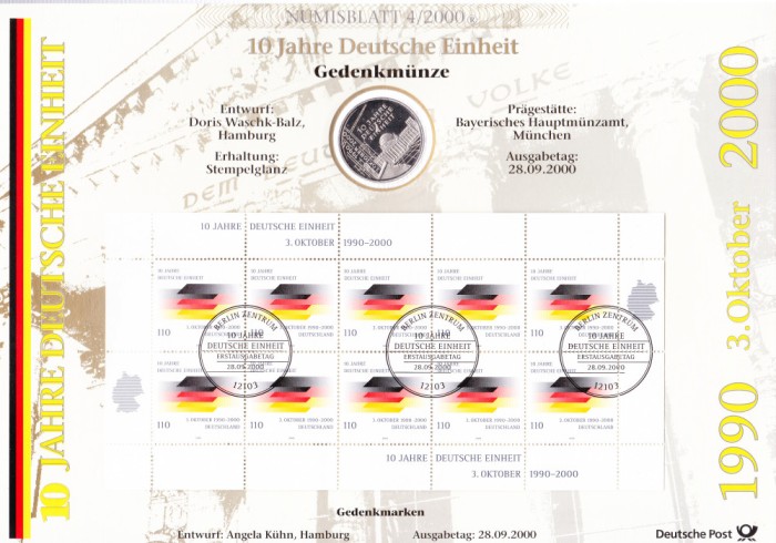 TSV$ - GERMANIA ANIVERSARE 10 JAHRE DEUTSCHE EINHEIT 1990-2000, ARGINT, COLITA