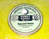 H35-I- Cutie veche Dynamit Nobel PUNKT KUGEL 11 munitie militara vanatoare metal perioada interbelica cca 1930-40 raritate original autentica.