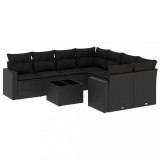 Set mobilier de gradina cu perne, 9 piese, negru, poliratan