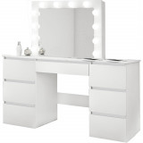Masa de toaleta/machiaj, alb lucios, cu oglinda si LED-uri, Vanessa, 130x43x143 cm, Artool