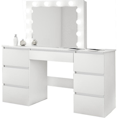 Masa de toaleta/machiaj, alb lucios, cu oglinda si LED-uri, Vanessa, 130x43x143 cm foto