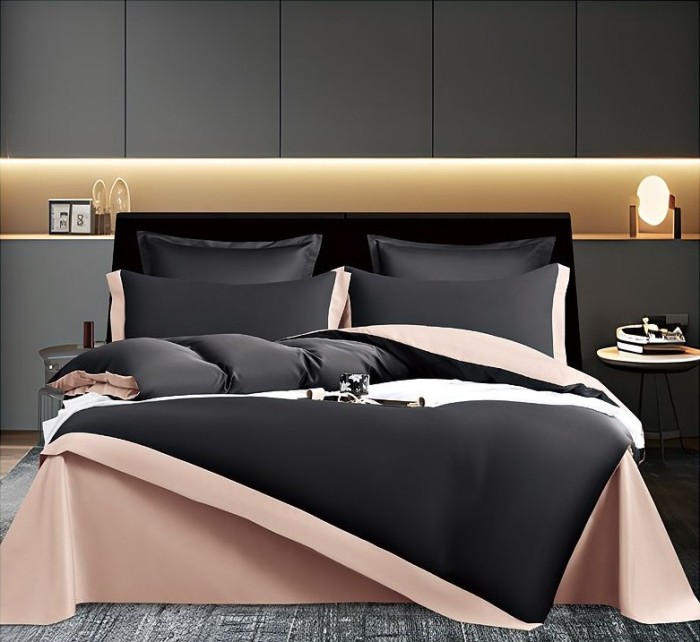 Lenjerie din matase,pat dublu,6 piese,neagra roz pudra-A864