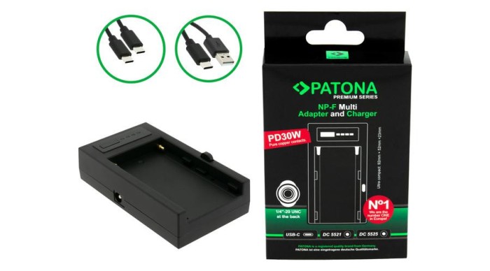 Adaptor și &icirc;ncărcător multiplu PATONA Premium f. Sony NP-F Seria PD30W USB-C DC5521/DC5525 DC8V/12V cu filet de 1/4 inch