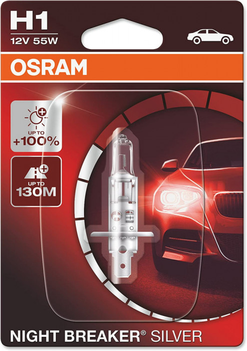 Bec 12V H1 55 W Osram, Night Breaker Silver +100% Blister, 1 Buc