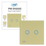 Intrerupator dublu cu touch PNI SH202G din sticla, gold cu LED indicator, culoare auriu