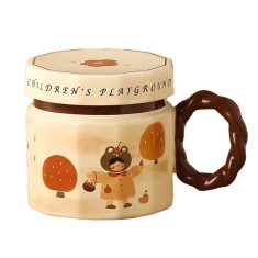 Cana din ceramica, Cyrax, Cana pentru Cafea, Ceai, Cana Universala, Unisex, Cana cu Capac, 9 x 8 x 8 cm, 400 ml, Model Fetita, Bej