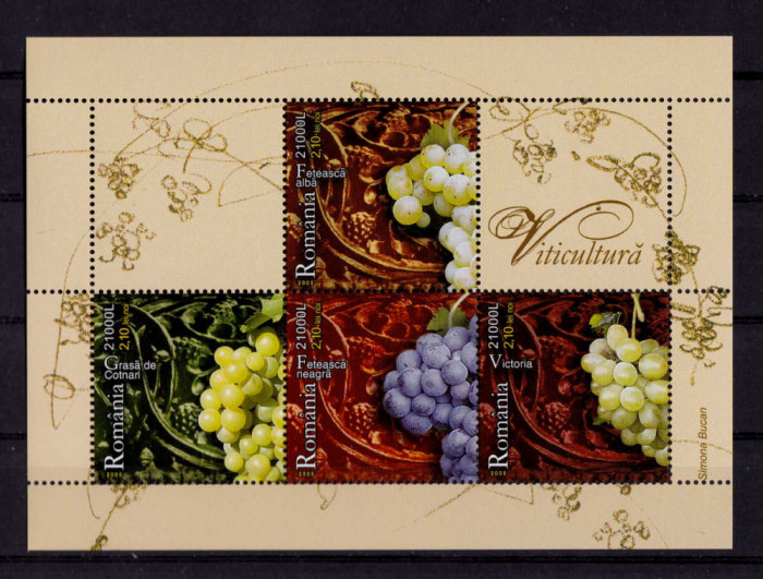 ✅RO 2005 LP 1685 &quot;Viticultura&quot; , serie in bloc ,colita 356 , MNH