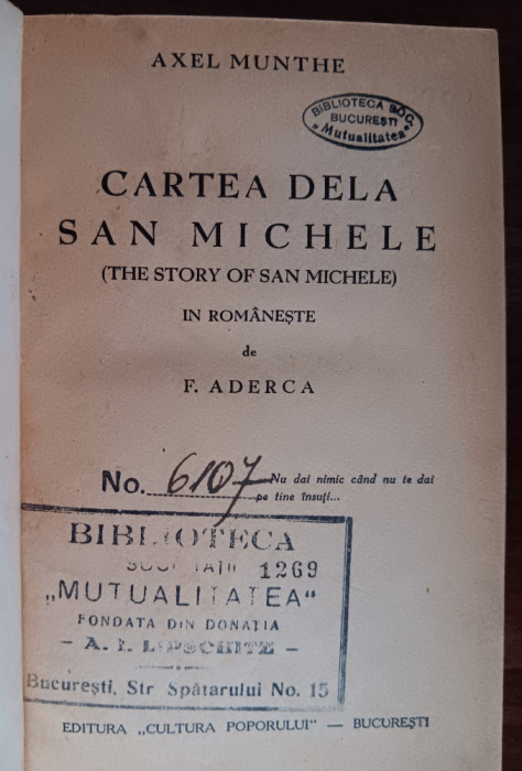 myh 533f - Axel Munthe - Cartea de la San Michele - editie interbelica