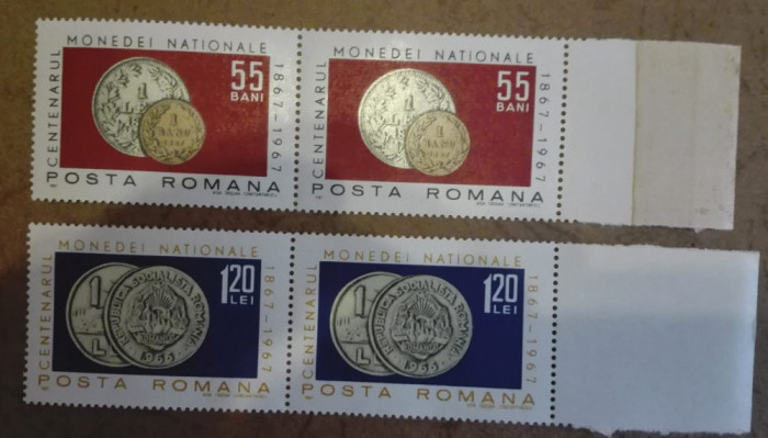 TIMBRE ROMANIA MNH LP646/1967 CENTENARUL MONEDEI NATIONALE -Serie in pereche