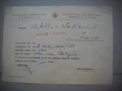 HOPCT DOCUMENT VECHI 316 MINISTERUL INDUSTRIEI COMERT EXTERIOR /BUCURESTI 1936 foto