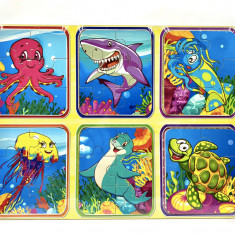 Set din lemn cu 6 puzzle incorporate - Animale marine, 7Toys