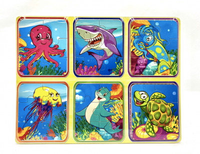 Set din lemn cu 6 puzzle incorporate - Animale marine, 7Toys foto