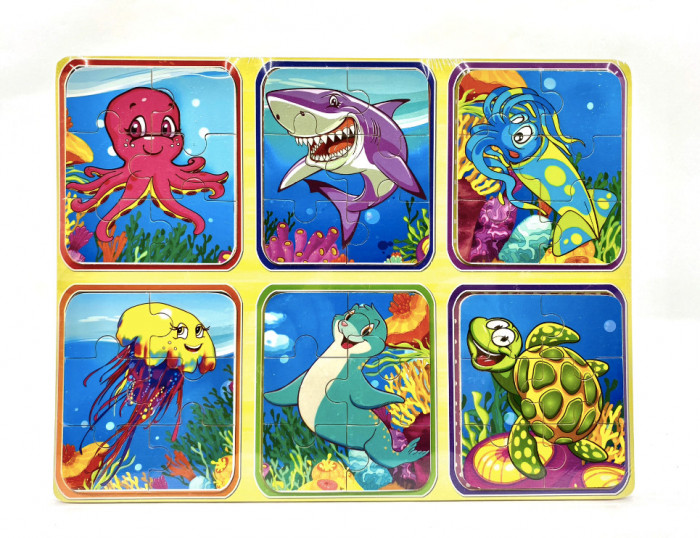 Set din lemn cu 6 puzzle incorporate - Animale marine, 7Toys