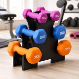 Set gantere fitness 12 kg cu suport 3 nivele, 6 gantere vinil 1/2/3 kg, home gym &amp; fitness