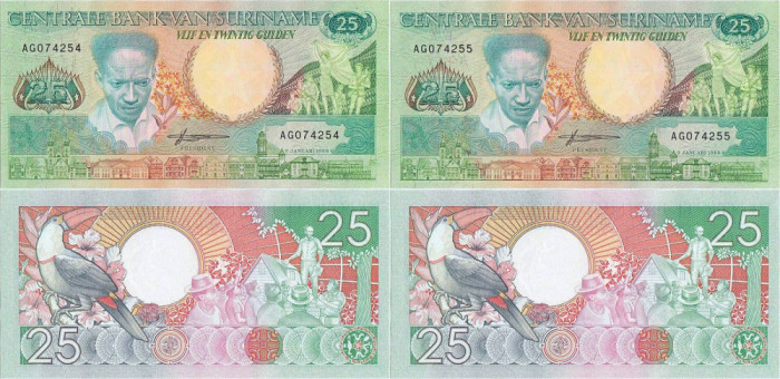 2 x 1988 ( 9 I ) , 25 gulden ( P-132b ) - Surinam - stare UNC